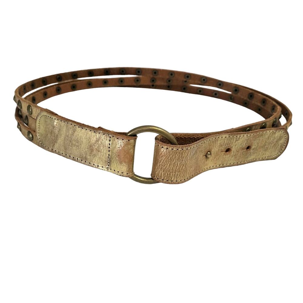 Bohemian Leather Metallic Gold Layered Studded Belt S/M O-Ring Hoop Festival